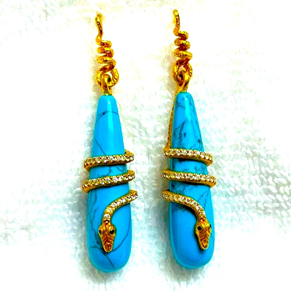 Turquoise & cz crystals Snake Drop Earrings by Azaara - Picture 6 of 10